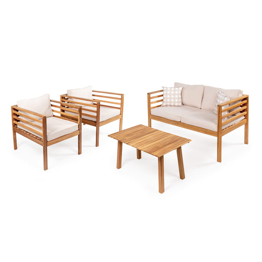 JONATHAN  Y Thom Mid-Century Modern 4 -Piece Patio Conversation Set with Tan Cushions