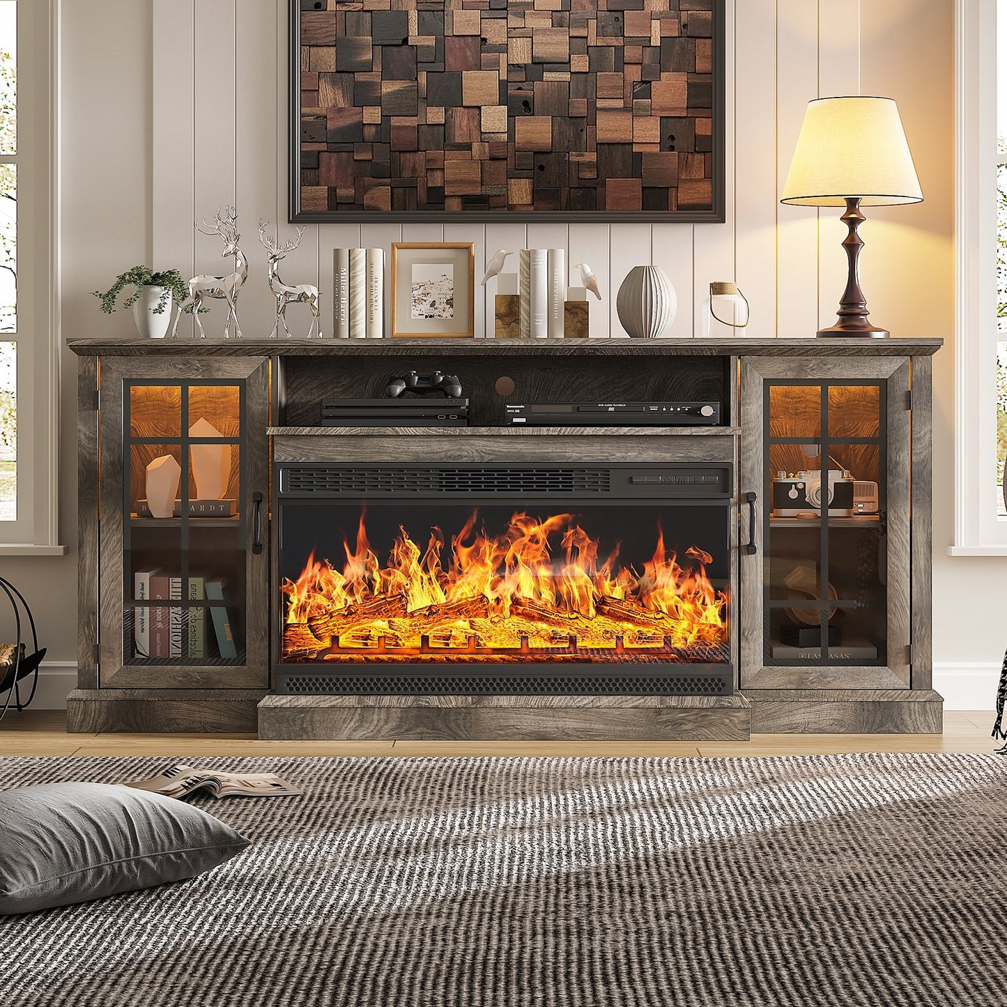 AOXUN 70-in W Gray TV Stand with LED Electric Fireplace H21033GR+H20023