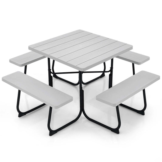 Costway Gray Patio Dining Set Plastic Square Table with 4 Stationary Chairs