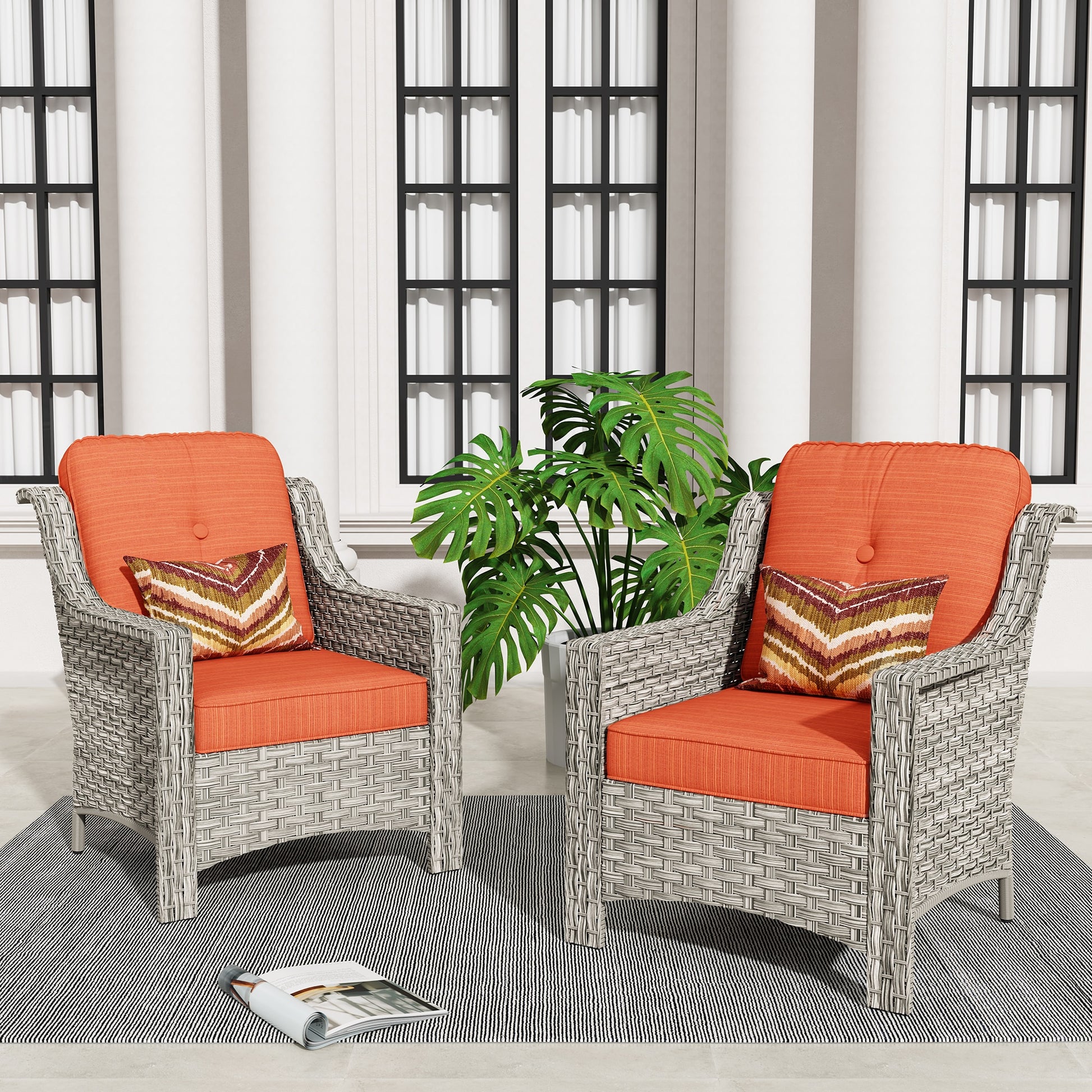 XIZZI Pyrophyllite Set of 2 Wicker Beige Frame With Orange Red Cushions Metal Frame Stationary Conversation Chair with Orange Cushioned Seat
