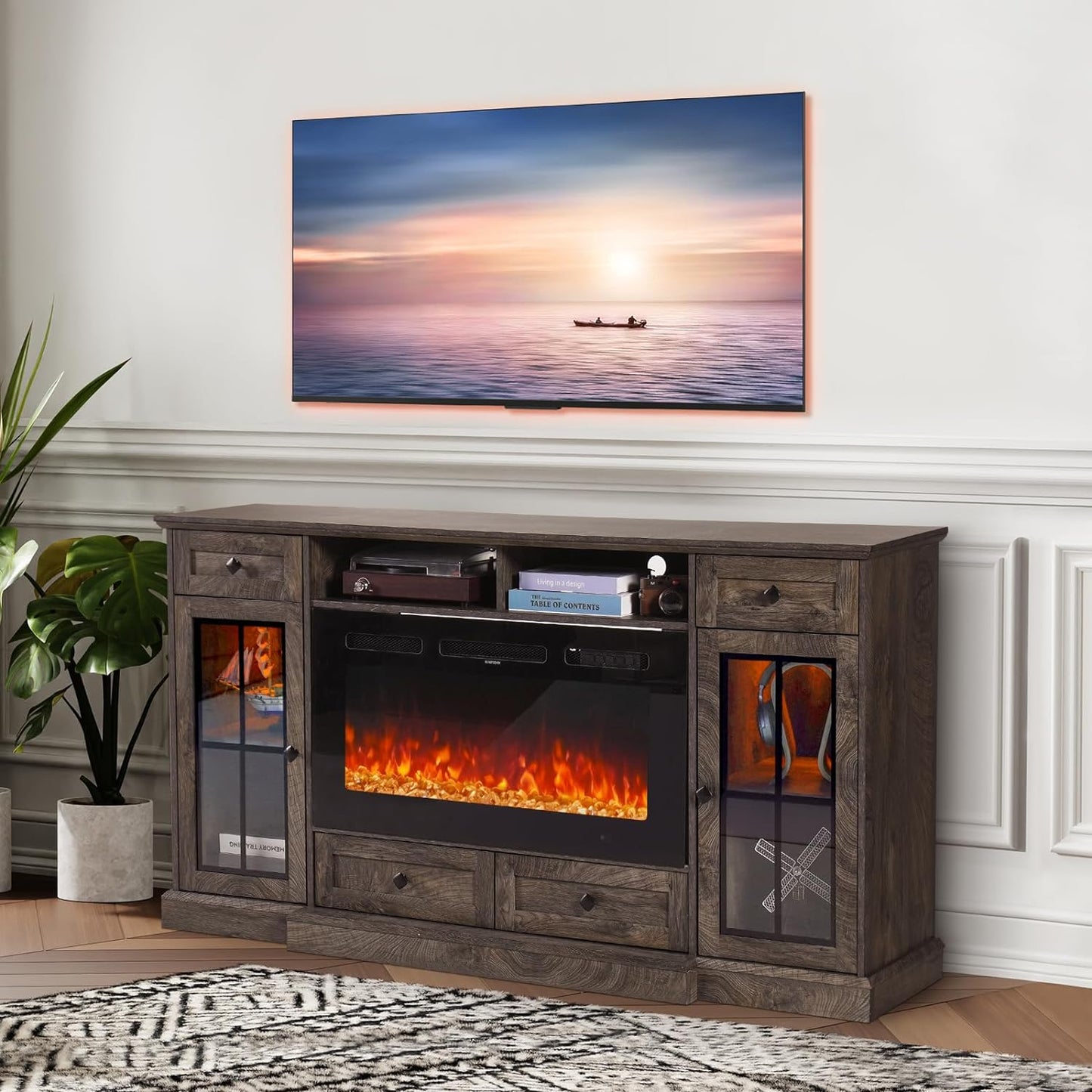 AOXUN 68-in W Gray TV Stand with LED Electric Fireplace H21032GR+H20028