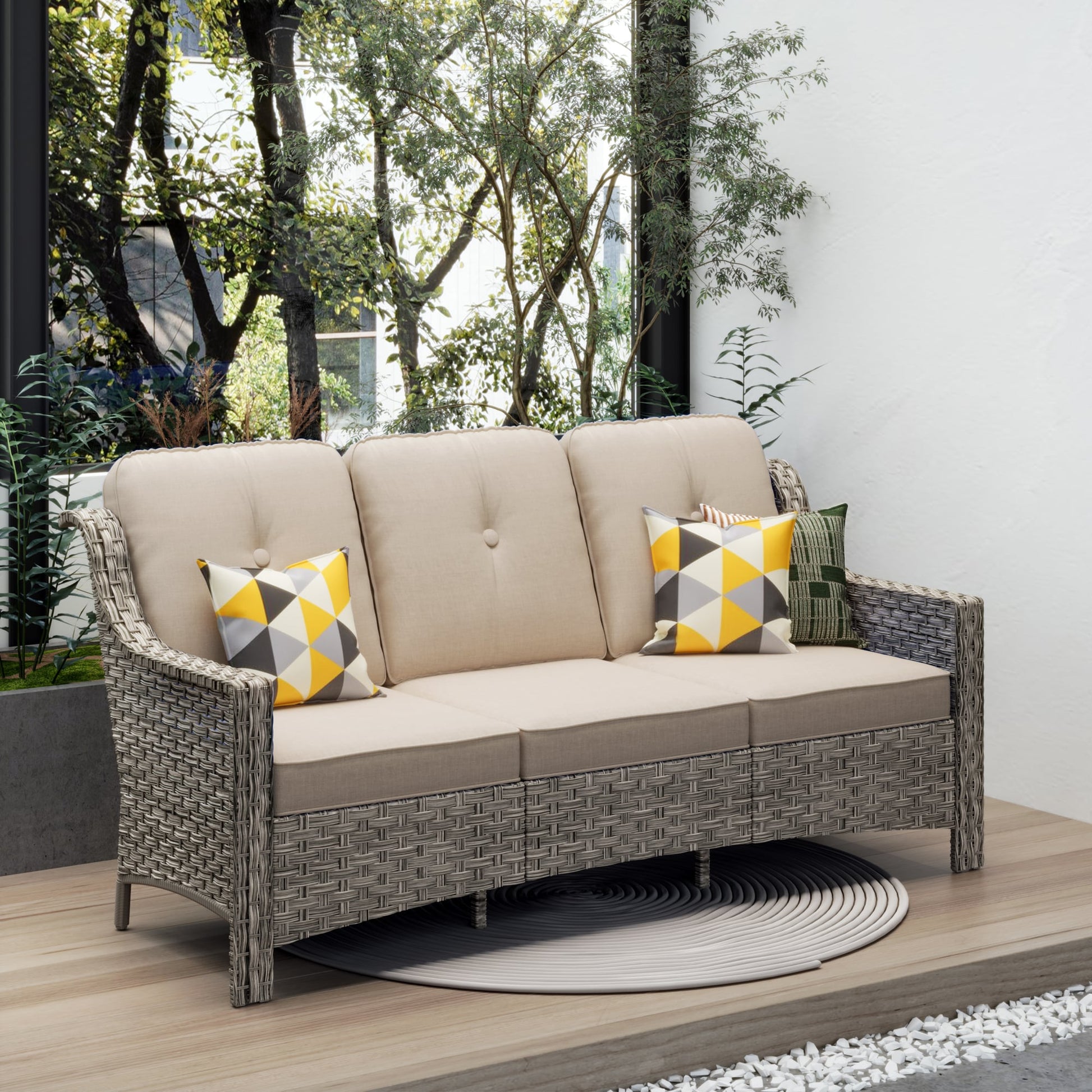 Ovios Wicker Outdoor Sofa with Beige Cushions and Iron Frame