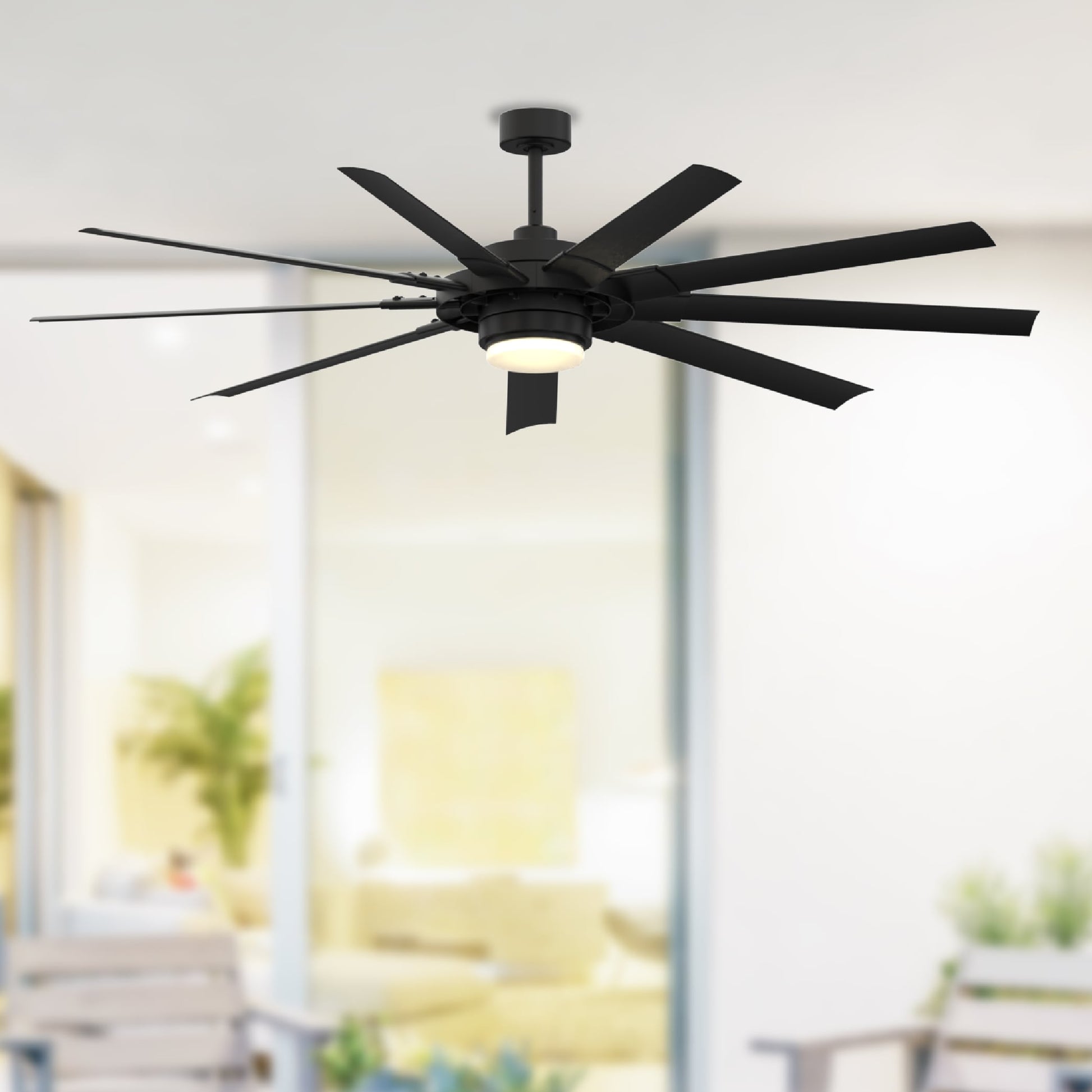 Fanimation Studio Collection Slinger v2 72-in Color-Changing Integrated LED Outdoor Matte Black with Black Blades Ceiling Fan With Light and Remote ( 9 -Blade ) 795392