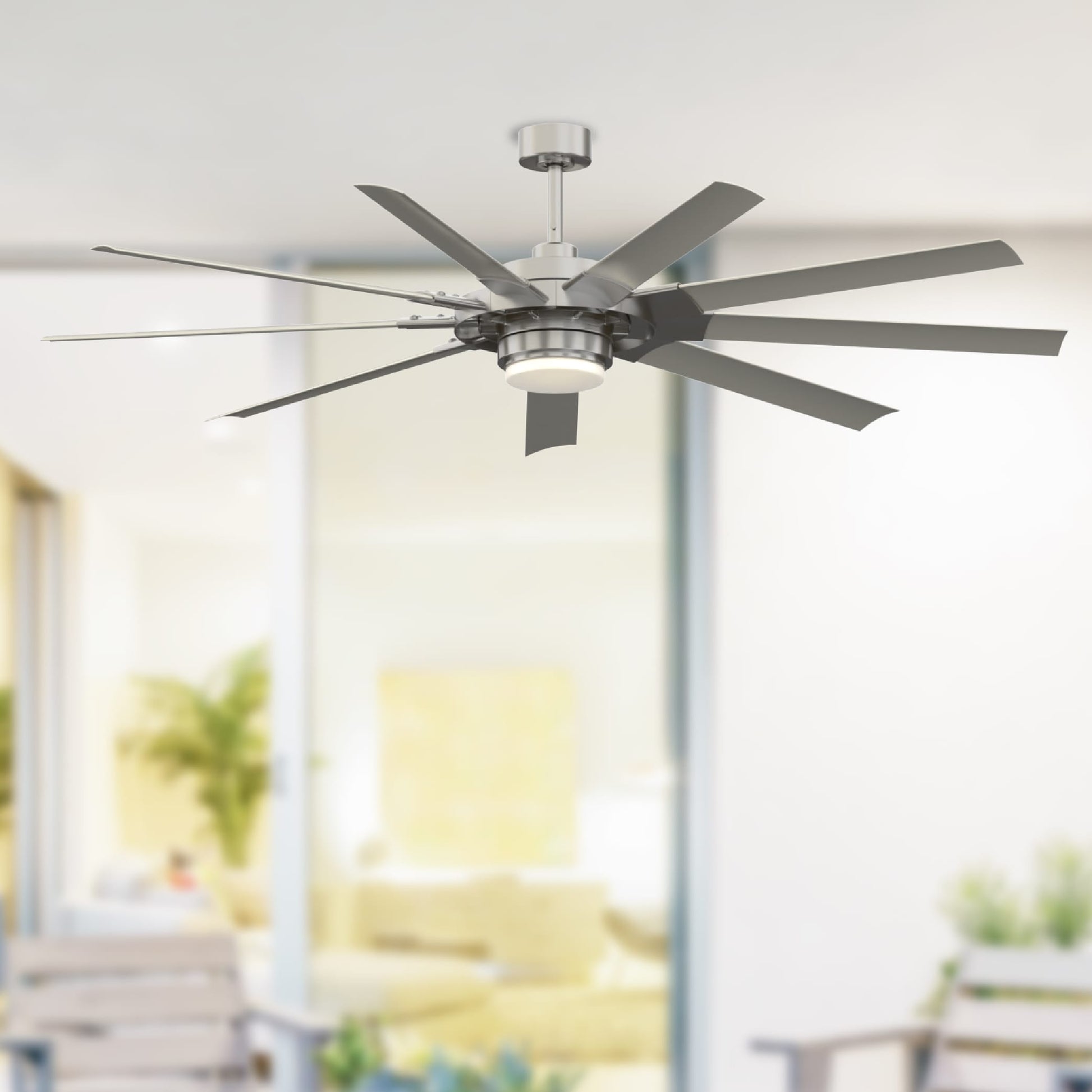 Fanimation Studio Collection Slinger v2 72-in Color-Changing Integrated LED Outdoor Brushed Nickel with Gray Blades Ceiling Fan With Light - Remote Included ( 9 -Blade ) 581598