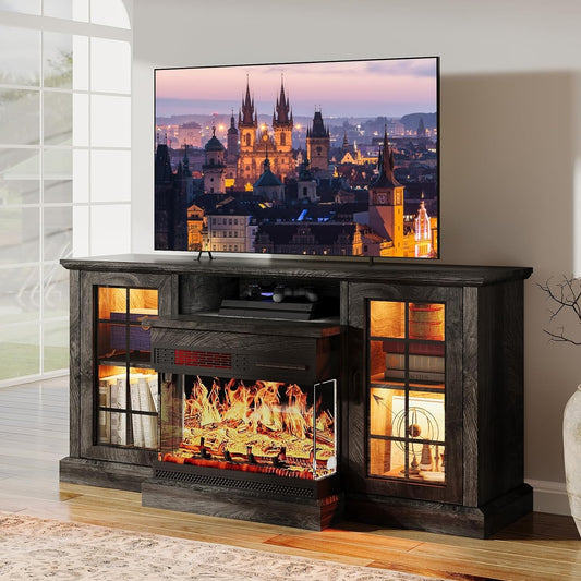 AOXUN 59-in W Gray TV Stand with LED Electric Fireplace H21022GR+H20022