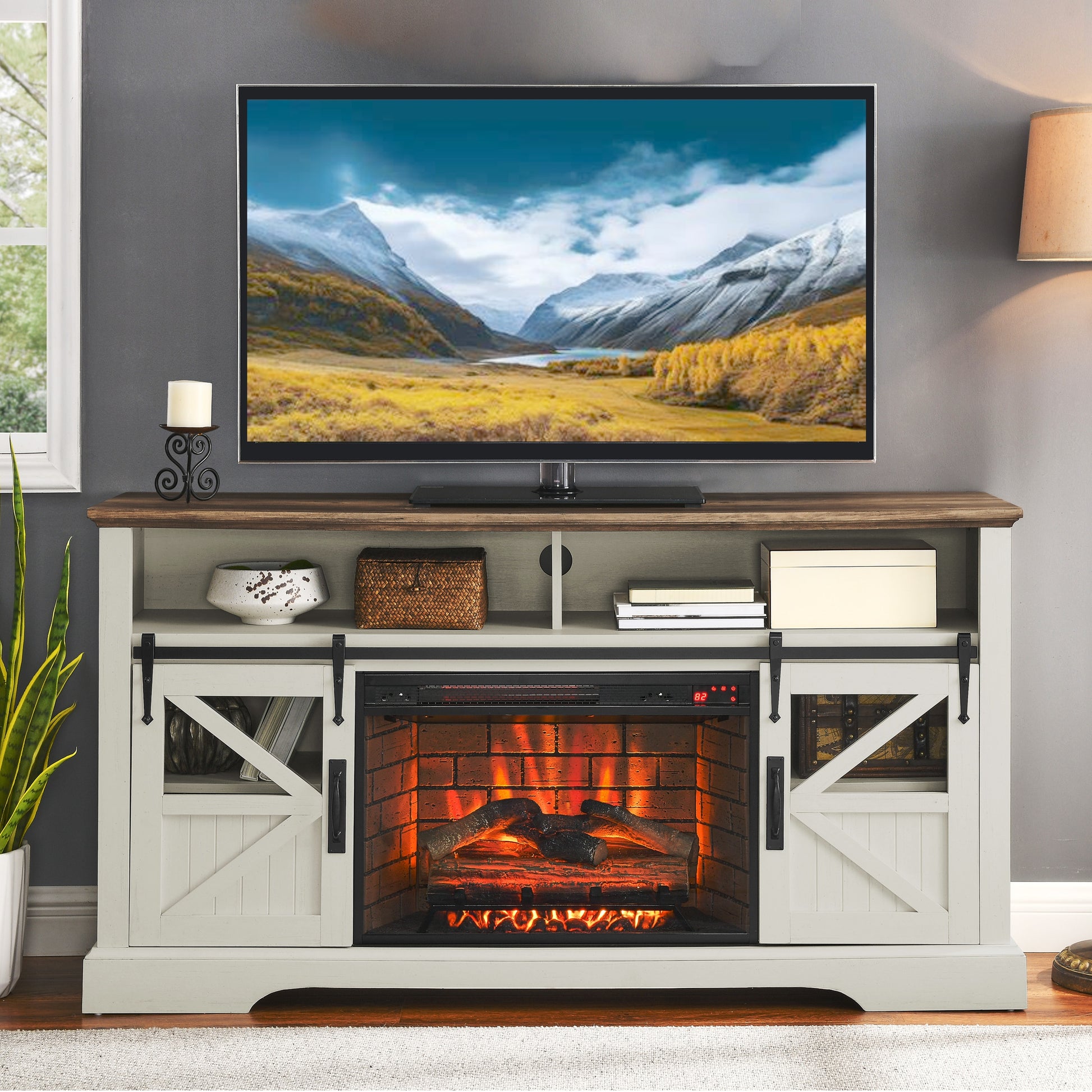 ToolCat 60-in W Jasmine White TV Stand with Fan-forced Electric Fireplace MGG3-24-CEMFP