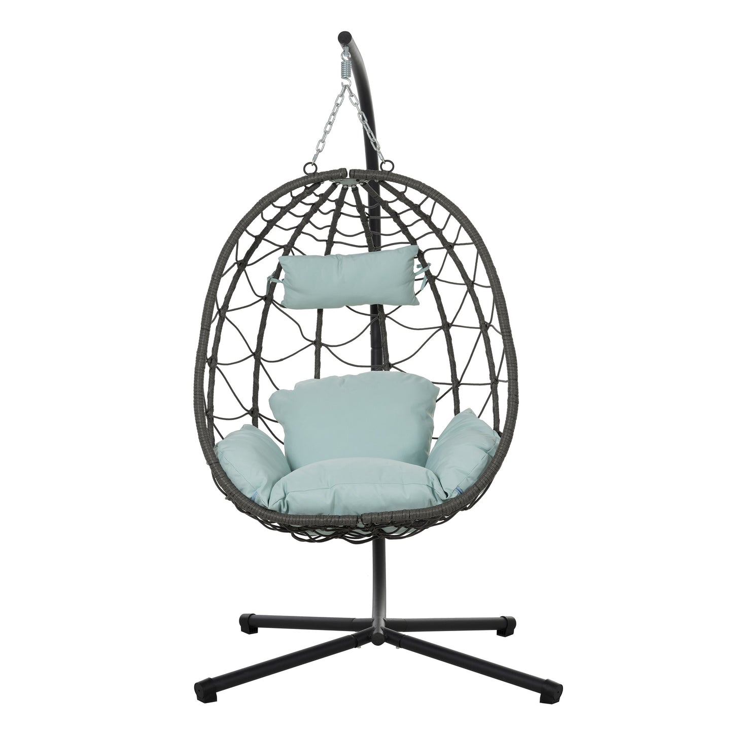AHIOU HOME Hartford Wicker Gray Steel Frame Hanging Egg Chair with Blue Cushioned Seat