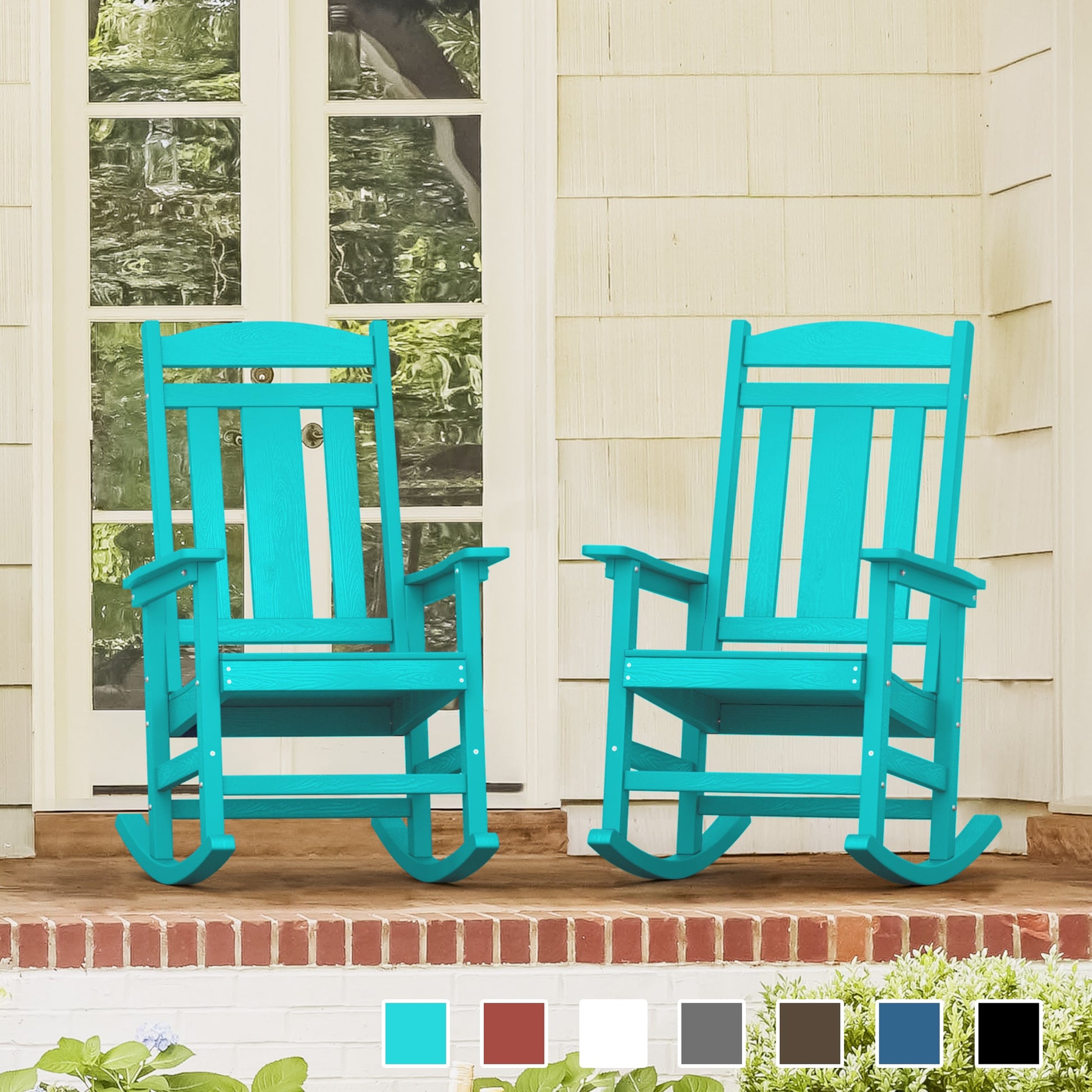 LUE BONA The Adirondack Set of 2 Aruba Blue Plastic Frame Stationary Rocking Chair with Slat Seat