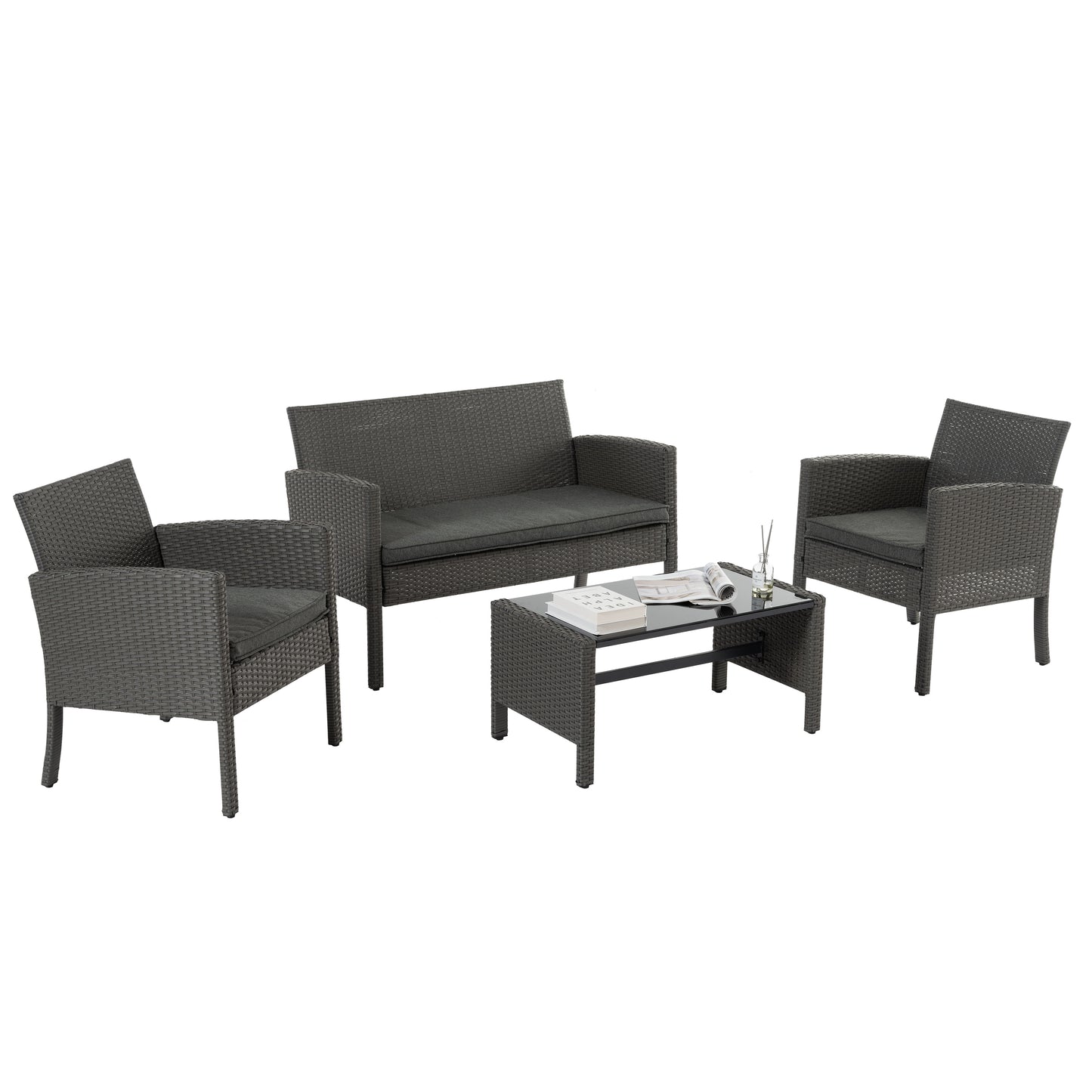 Maocao Hoom 4 -Piece Wicker Patio Conversation Set with Gray Cushions