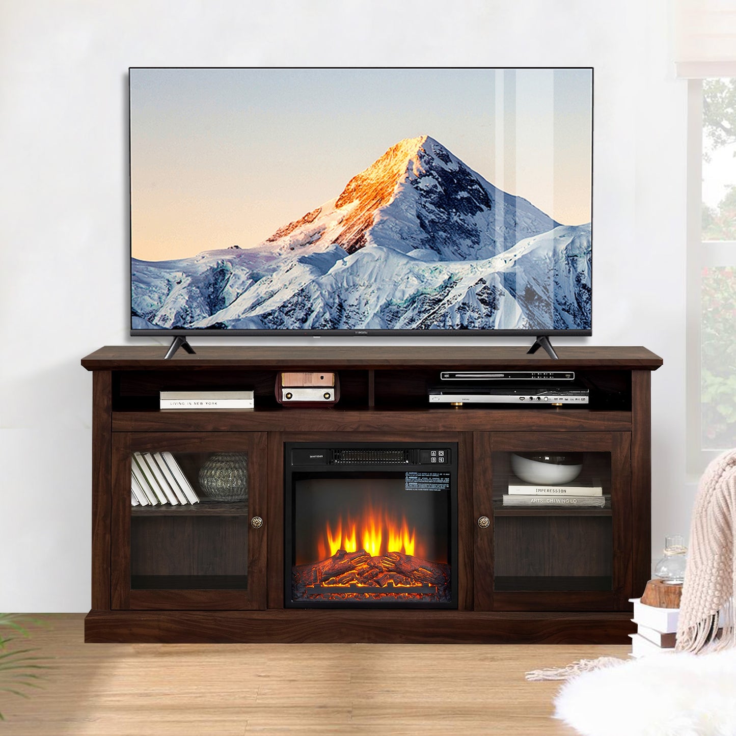 Sunrinx 60-in W Brown TV Stand with Fan-forced Electric Fireplace MG63-17-GSD