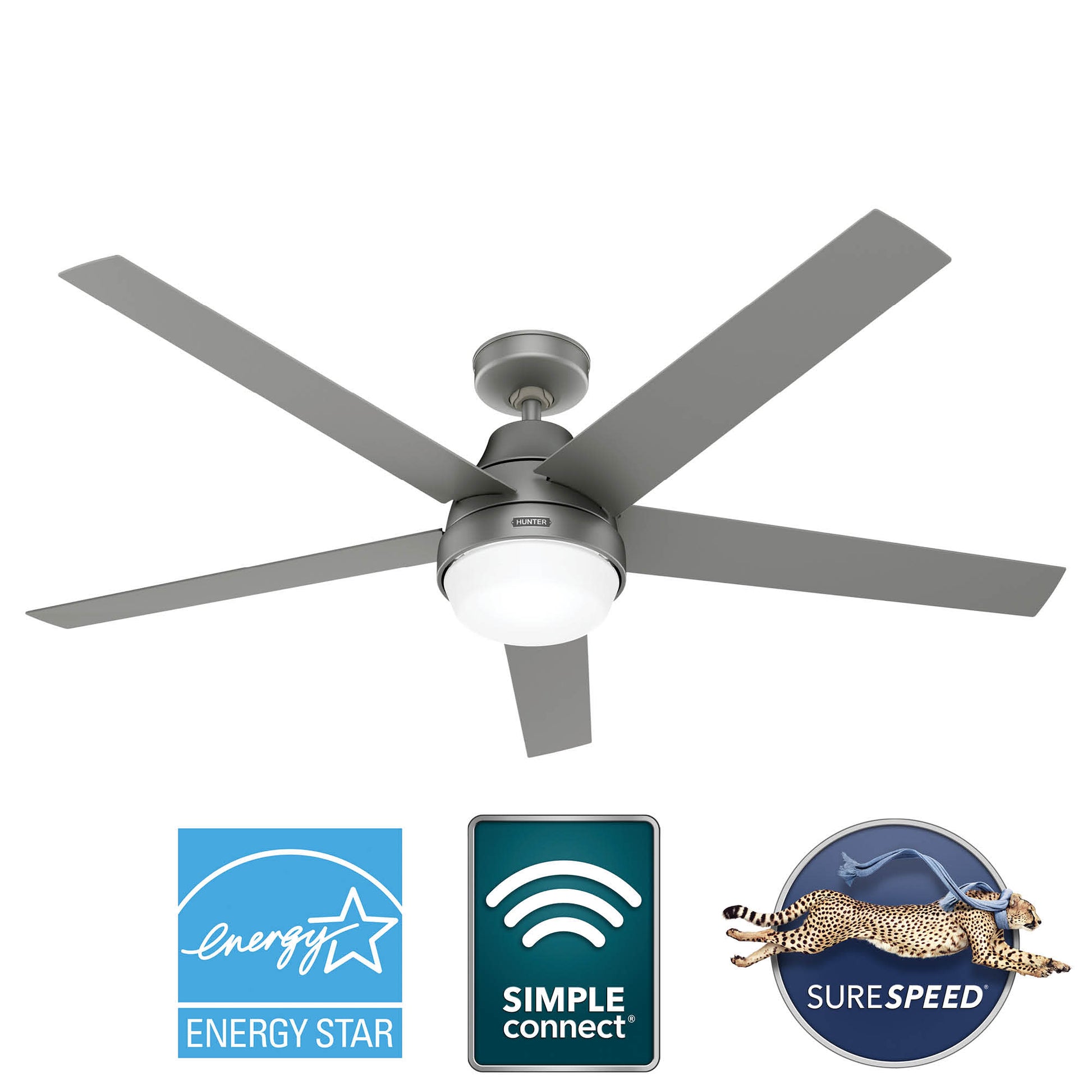 Hunter Aerodyne ENERGY STAR SIMPLEconnect 60-in Smart Matte Silver with Matte Silver Blades Ceiling Fan With Light - Remote Included ( 5 -Blade ) 6535507