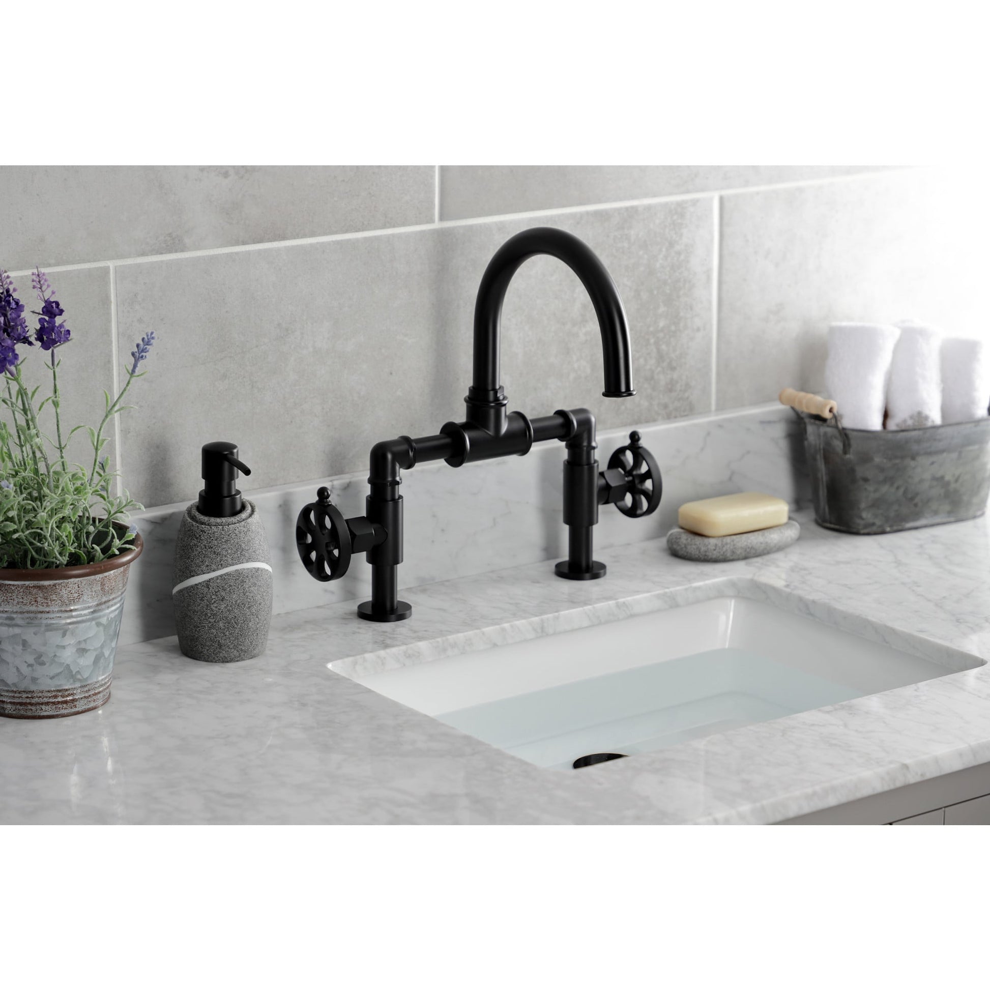 Kingston Brass Belknap Matte black 2-hole 2-handle High-arc Residential Handle Bathroom Sink Faucet with Drain