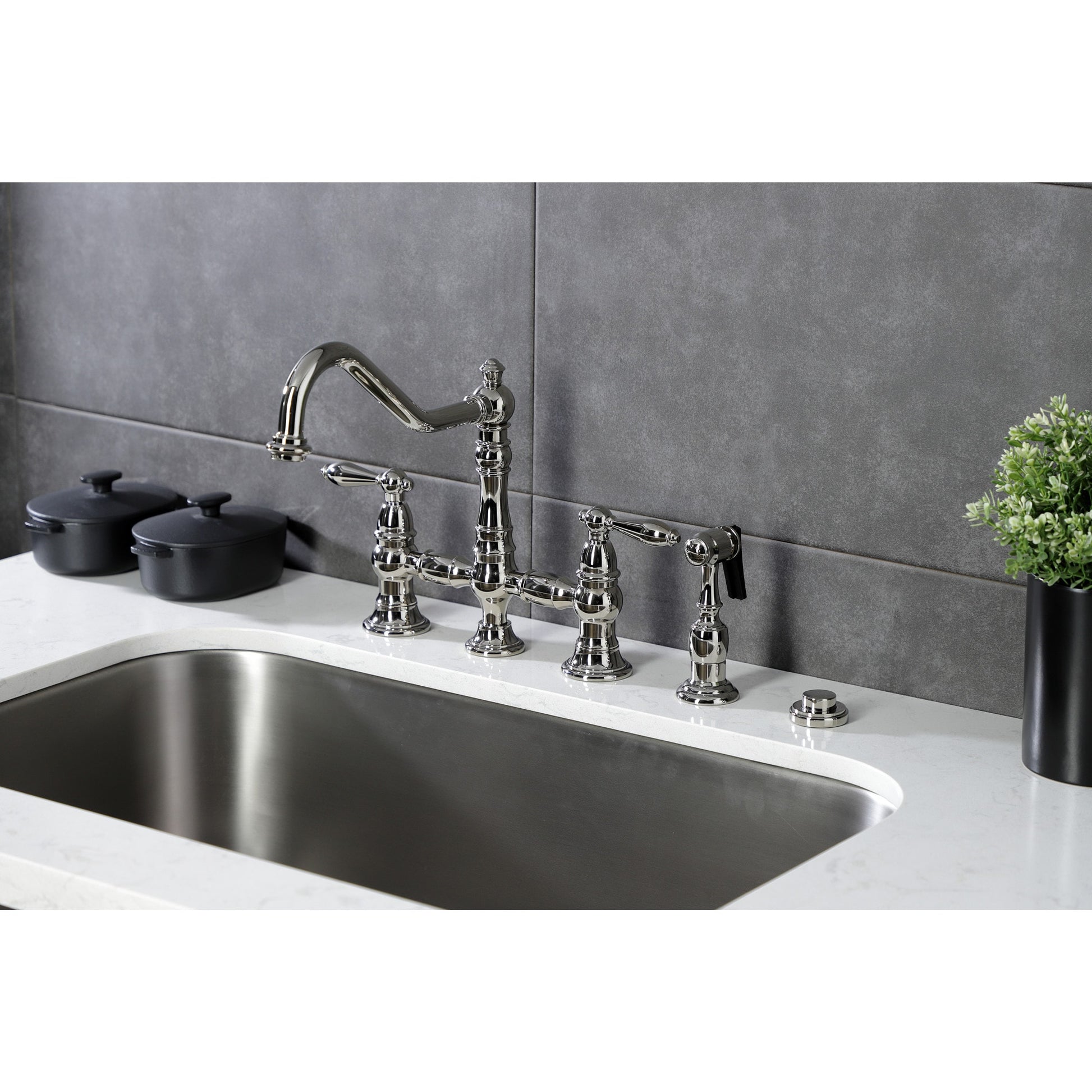 Kingston Brass Restoration Polished nickel Double Handle Deck-mount Bridge Kitchen Faucet with Sprayer ( Side Sprayer Included )