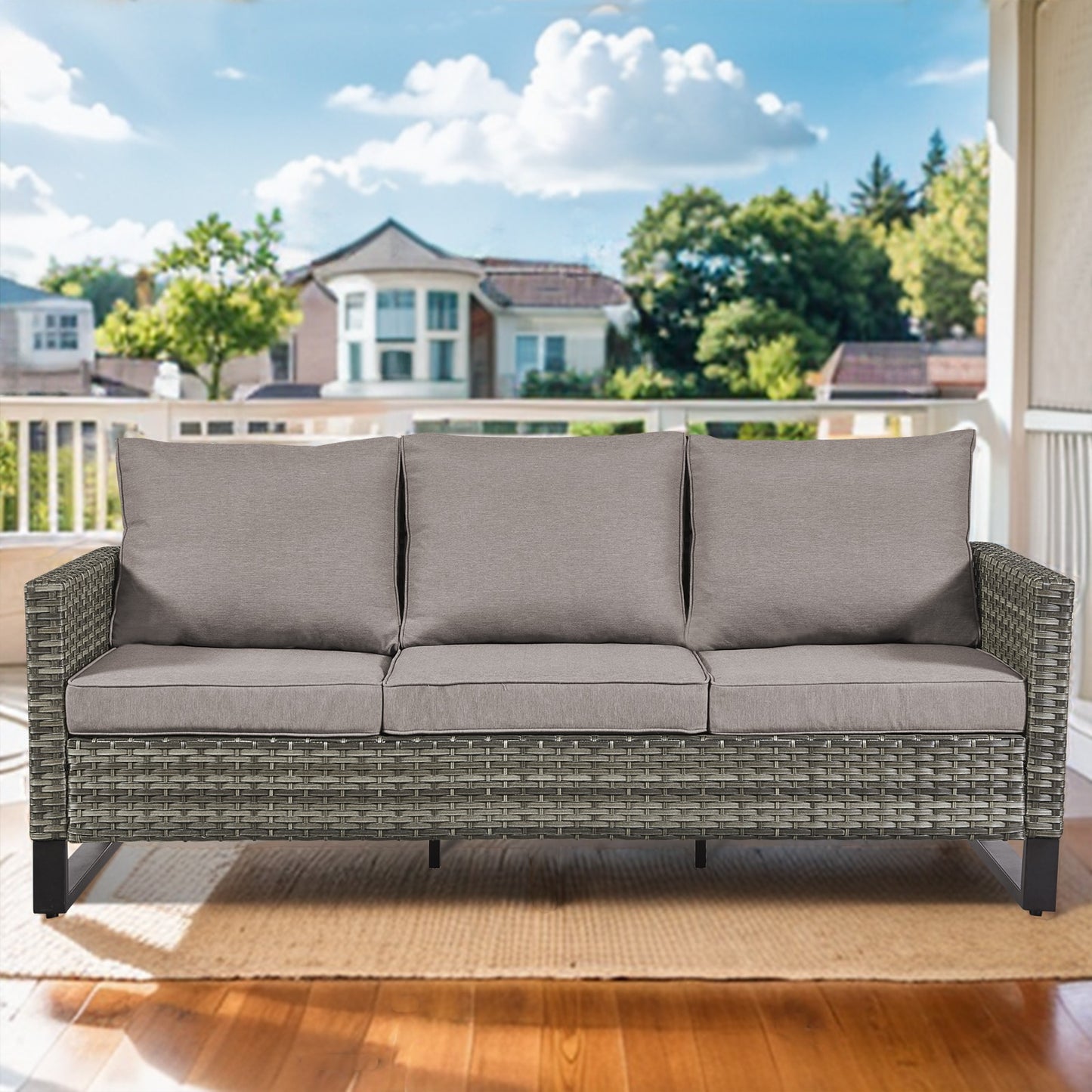 Jeehope PASOFA-T Wicker Outdoor Sofa with Gray Cushions and Steel Frame