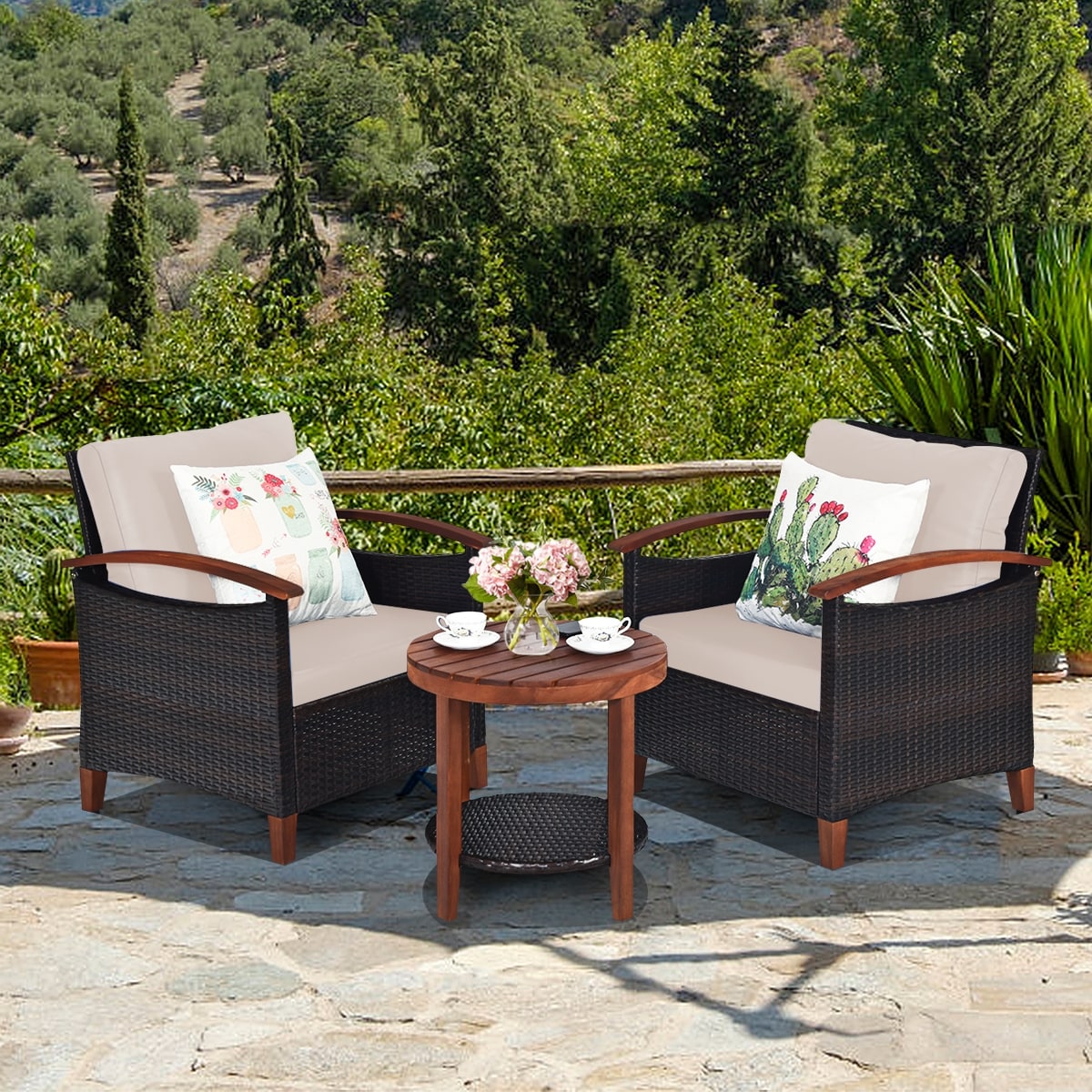 Forclover 3 -Piece Rattan Patio Conversation Set with Beige Cushions