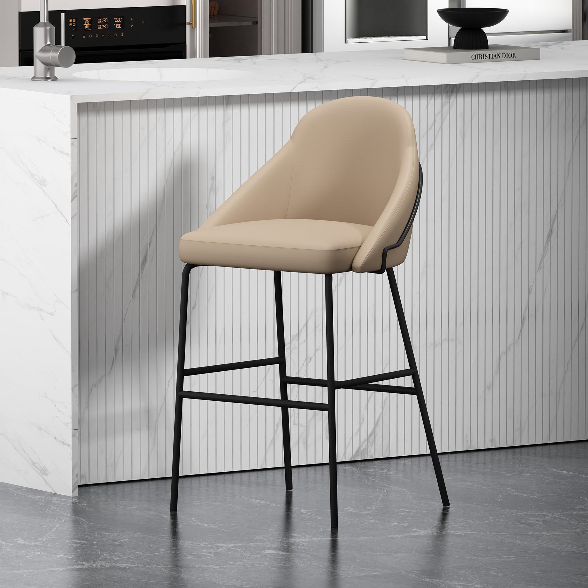 Manhattan Comfort Tan and Black 29.1-in H Bar height Upholstered Metal Bar Stool