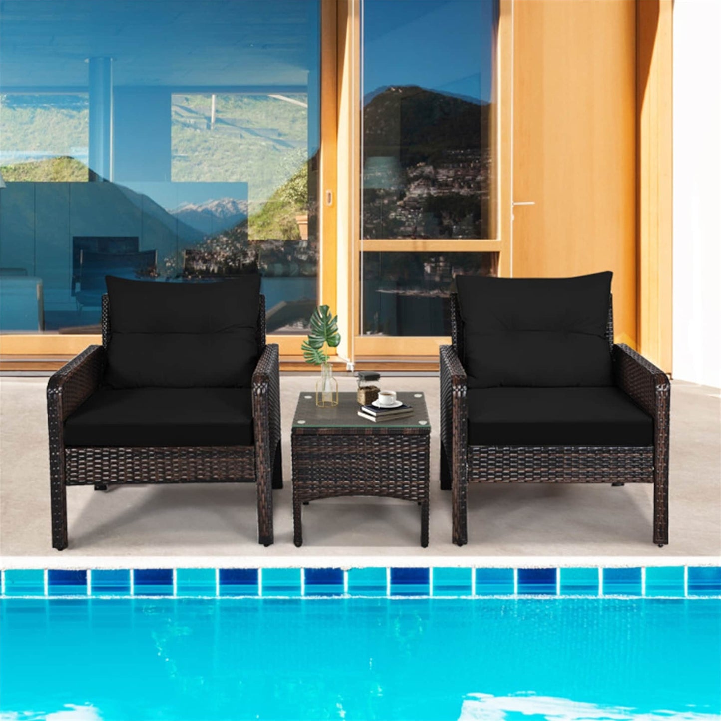 BABOOM Outdoor Furniture Set 3 -Piece Rattan Patio Conversation Set with Black polyester Cushions