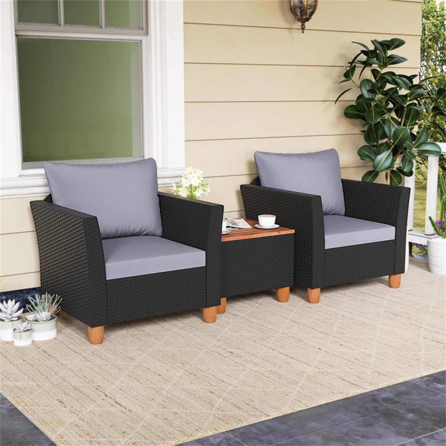 BABOOM Patio Furniture Set 3 -Piece Rattan 2 Patio Sofa Conversation Set with Gray Cushions