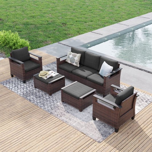 Sonkuki 5 -Piece Wicker Patio Sofa Conversation Set with Black Cushions