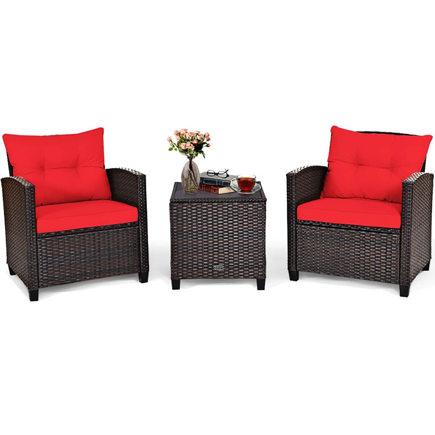 GZMR 3 -Piece Rattan Patio Conversation Set with Brown Cushions