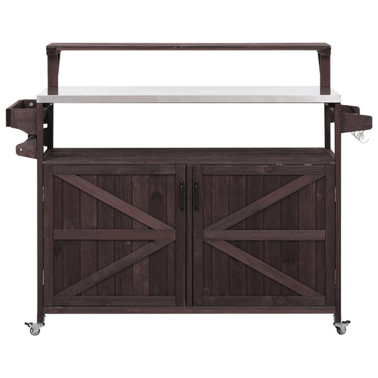 Bybafun Stainless Steel Top Brown Douglas fir Outdoor Serving Cart