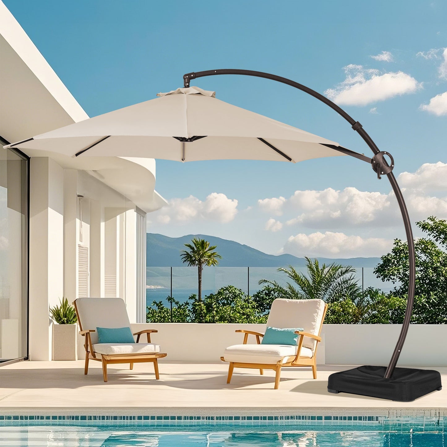 JEAREY 10-ft Aluminum Beige Crank Cantilever Patio Umbrella with Base