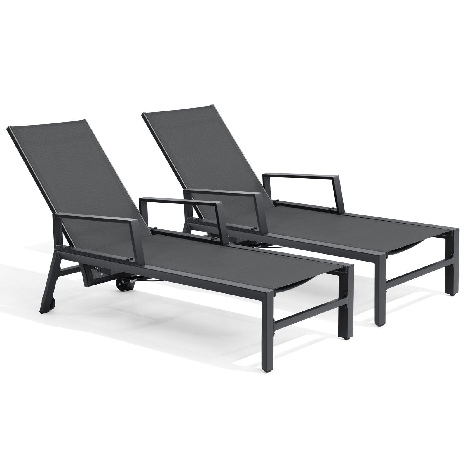 Crestlive Products Outdoor Patio Adjustable Chaise Lounge Chair Set of 2 Black Aluminum Frame Stationary Chaise Lounge Chair with Black Texteline Mesh Seat
