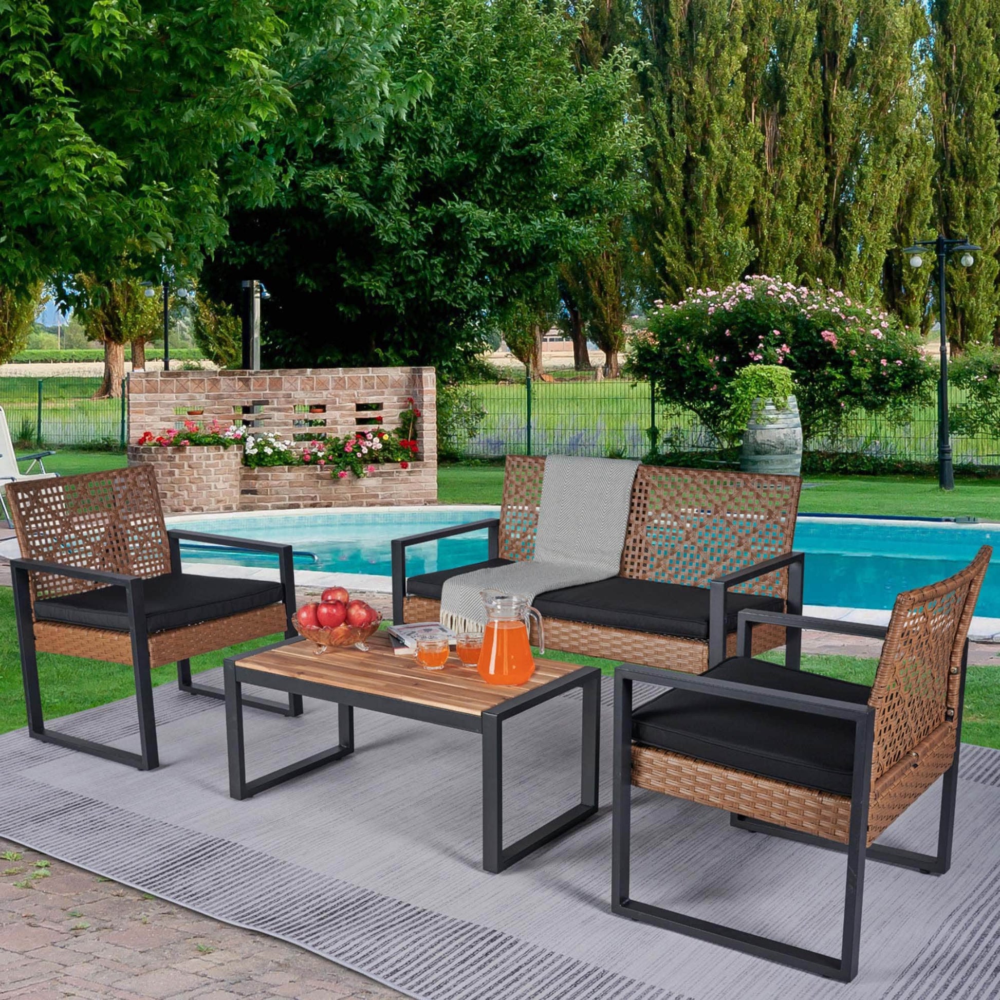 Fun Orange 4 -Piece Wicker Patio Sofa Conversation Set with Black Cushions