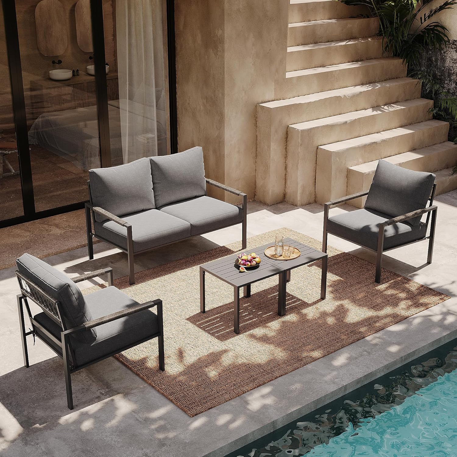 AURA OUTDOOR 5 -Piece Rattan Patio Conversation Set with Gray Cushions