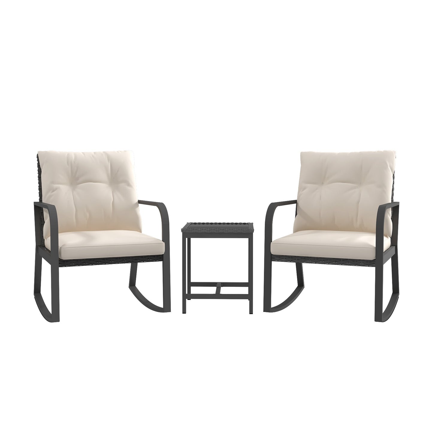 CESICIA Patio Chairs Set of 2 Beige Steel Frame Stationary Rocking Chair with Beige Cushioned Seat