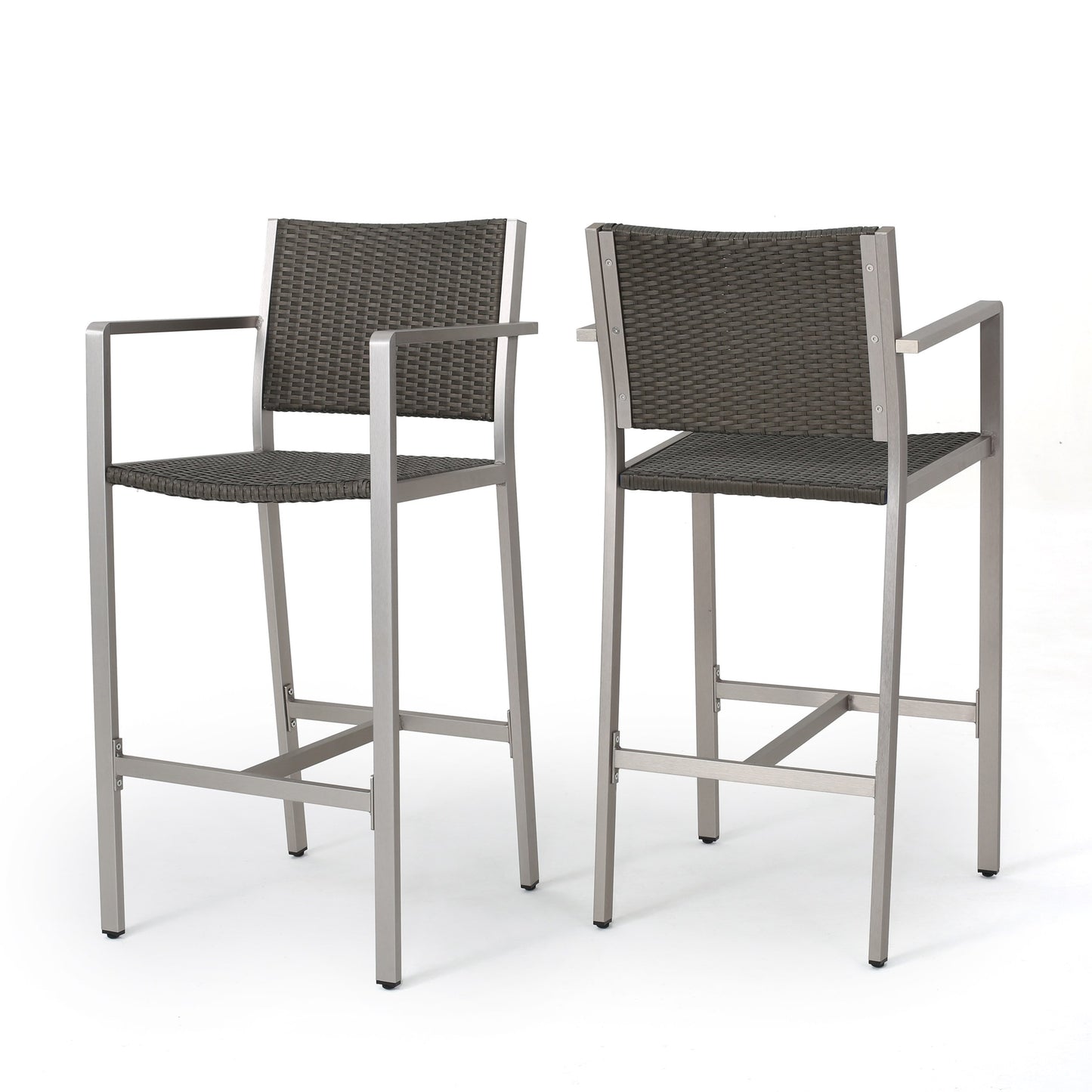 Best Selling Home Decor Crested Bay Set of 2 Wicker Grey Aluminum Frame Stationary Bar Stool Chair with Gray Solid Seat