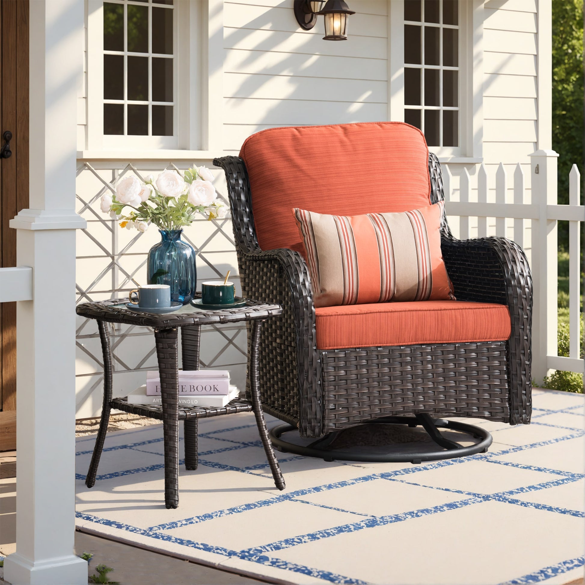 Pouuin Wicker Gray Metal Frame Swivel rocker Rocking Chair with Orange Cushioned Seat