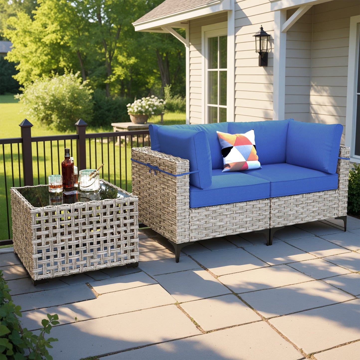 ALTRIGUS 3 -Piece Wicker Patio Sofa Conversation Set with Navy Cushions