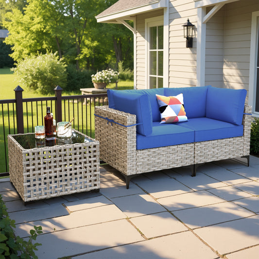 ALTRIGUS 3 -Piece Wicker Patio Sofa Conversation Set with Navy Cushions