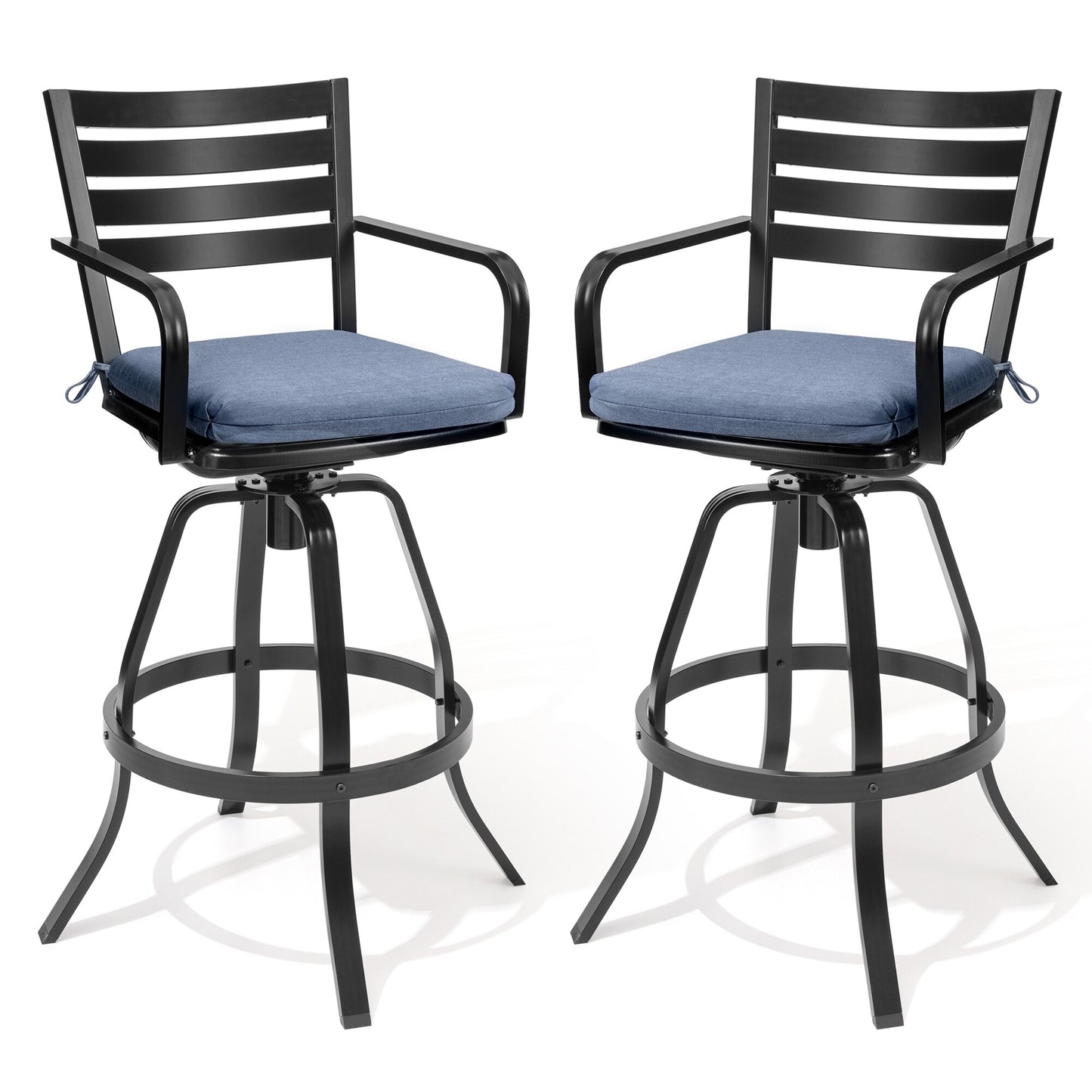 Crestlive Products Patio Sunbrella Cushion bar stools Outdoor bar height stools Set of 2 Black Aluminum Frame Swivel Bar Stool Chair with Blue Cushioned Seat