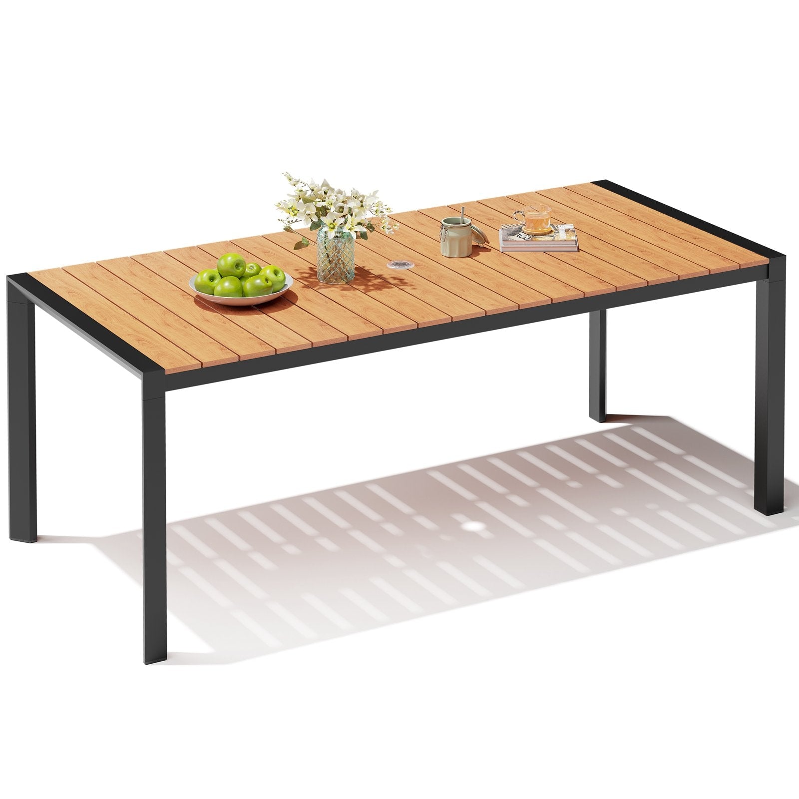 Crestlive Products 72-in Large Patio Plastic-Wood Top Aluminum Frame Rectangle Outdoor Dining Table 32.8-in W x 71.42-in L with Umbrella Hole