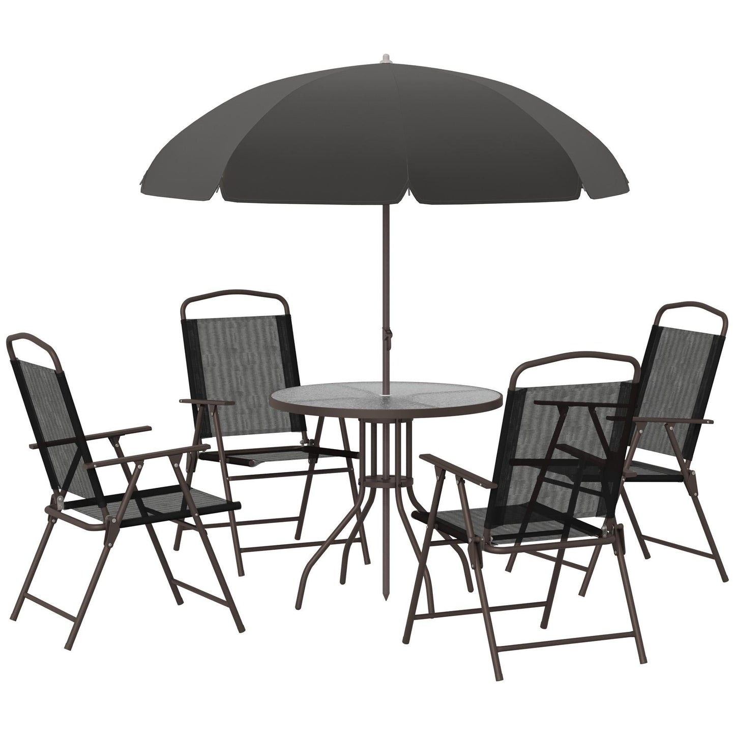 Bayfeve 6 -Piece Black Patio Dining Set Steel Round Table with 4 Black Stationary Chairs and Umbrella Included