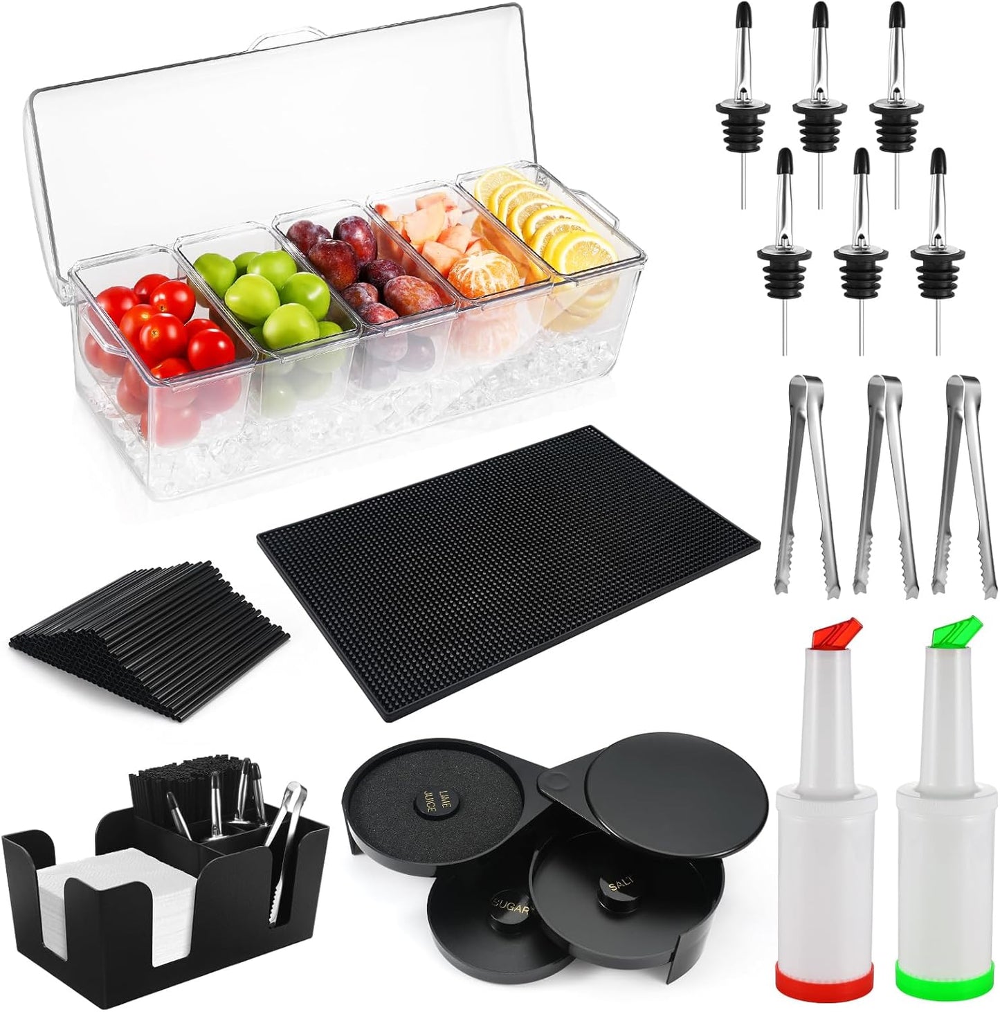 Bartending Supplies - 18" x 12" Bar Mat Garnish Tray with Lid Bar Caddy 3 Tier Bar Glass Rimmer, 2 Plastic Juice Pour Bottles 3 Mini Tongs 12 Classic Liquor Bottle Pourers 500 Cocktail Straws(Clear)