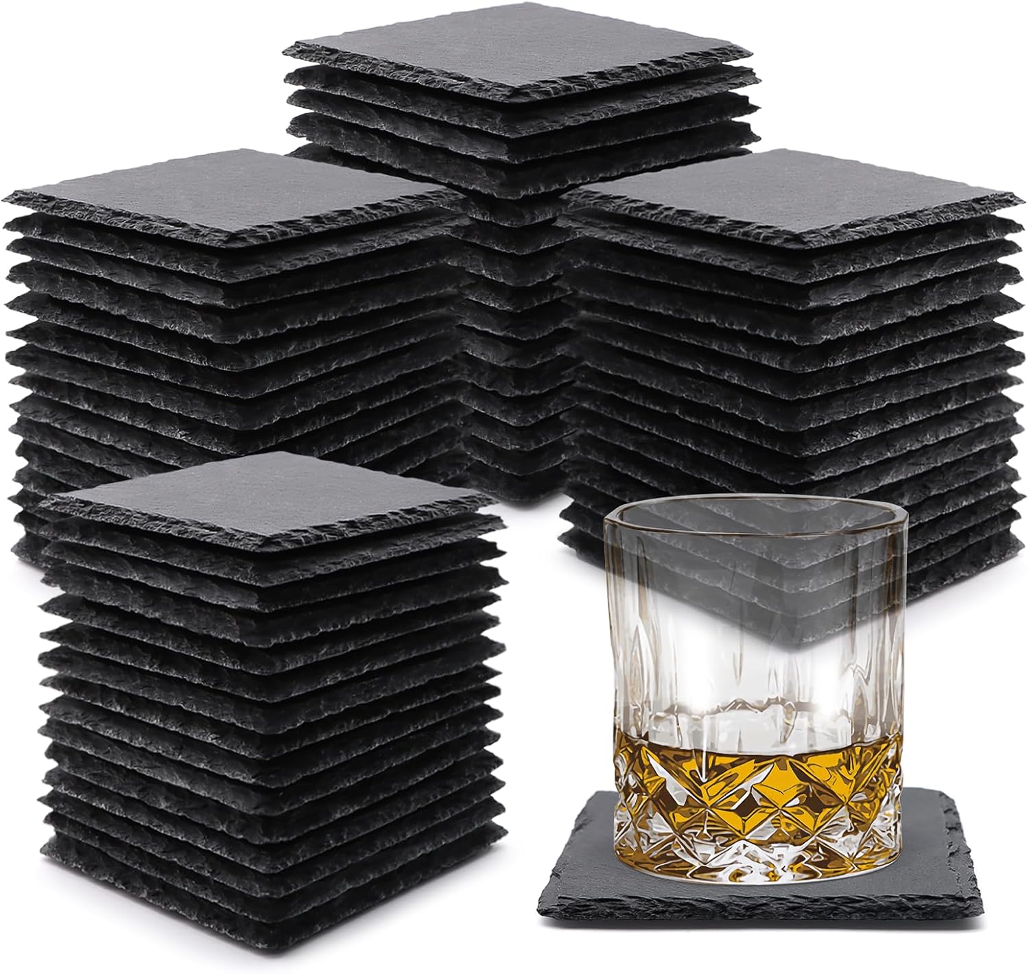 60 Pack Slate Drink Coasters, VIBRATITE 4 Inch Black Slate Stone Coasters Bulk Cup Coaster Laser Engraving Blanks with Anti-Scratch Bottom for Drink Coffee Bar Kitchen Home Decor, Square