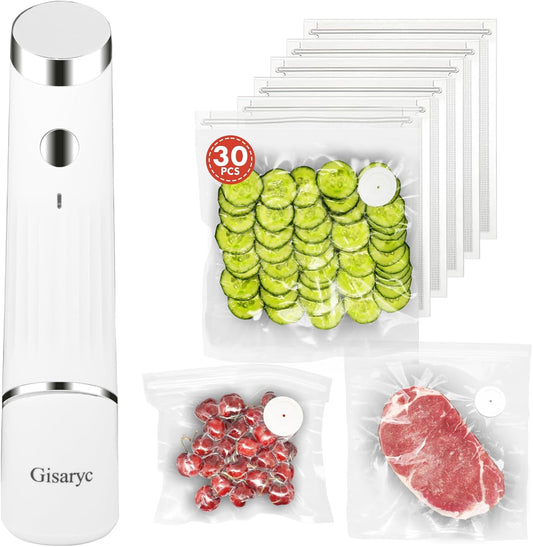 Handheld Vacuum Sealer for Food, Portable Cordless Sealer with 30 Reusable Bags for Sous Vide and Airtight Food Storage (Vacuum Sealer + 30 Bags)