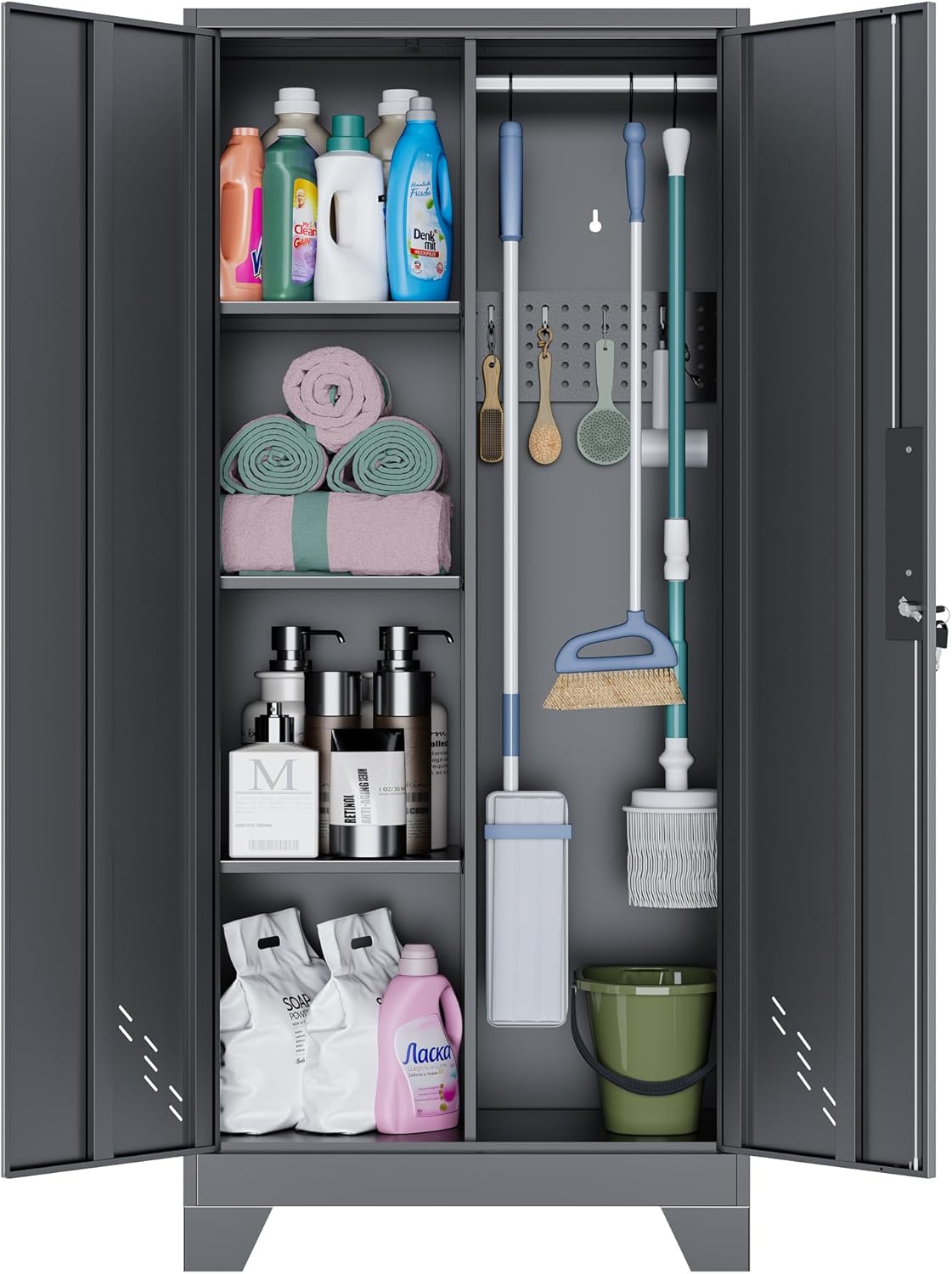 OSEILLC Metal Storage Cabinet with Locking Doors, 61" Tall Garage with Hanging Rod, Broom Closet, Freestanding Bathroom Storage Cabinet, Cleaning Tool,Black
