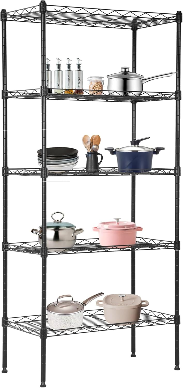 BestOffice | 5-Tier Wire Storage Shelves | 22x12x48 | Black | with Adjustable Racks | Heavy-Duty Metal Shelf, Holds Upto 750 lbs | No-Tool Assembly | Ideal for Home & Garage Shelving