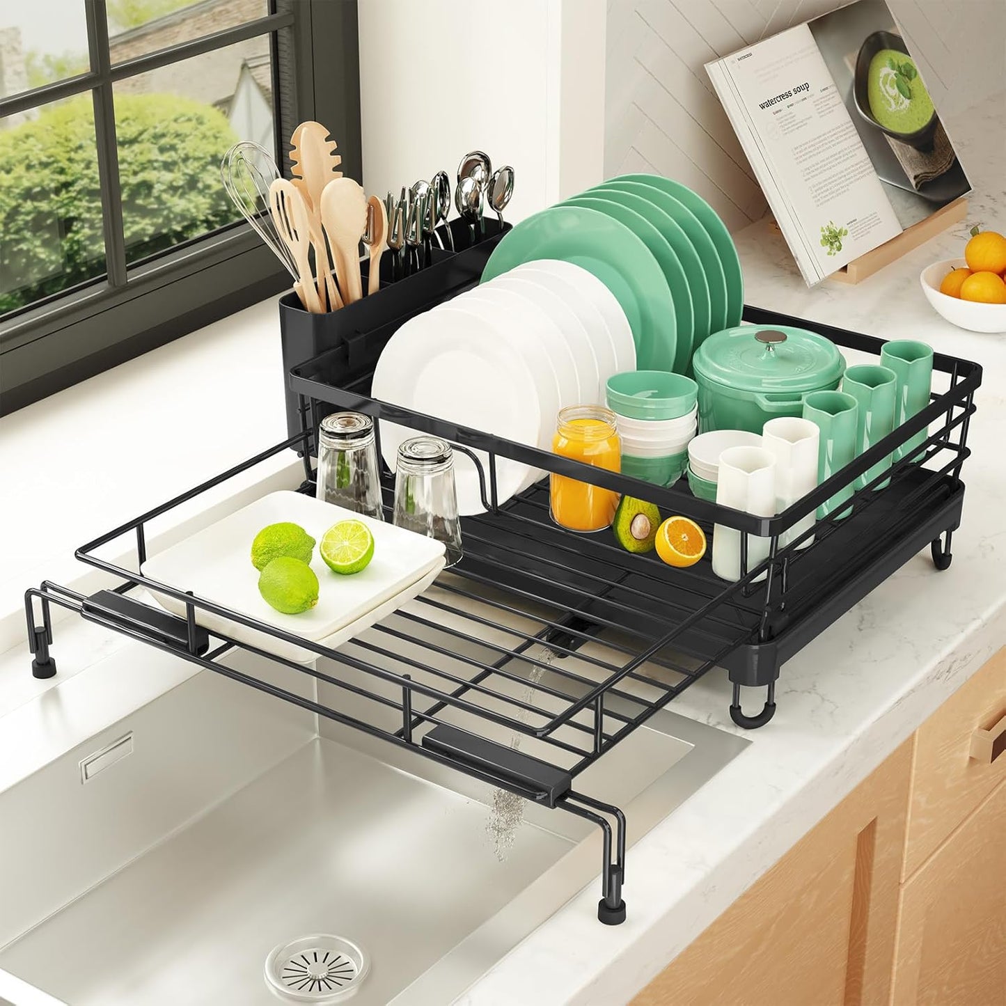 Kitsure Extendable Dish Drying Rack - Rust-Resistant Dish Racks for Kitchen Counter with Adjustable Support Legs, Cutlery Holder & Removable Draining Tray (Black, 15.6''-25.2''L × 16.9''W × 8.1''H)