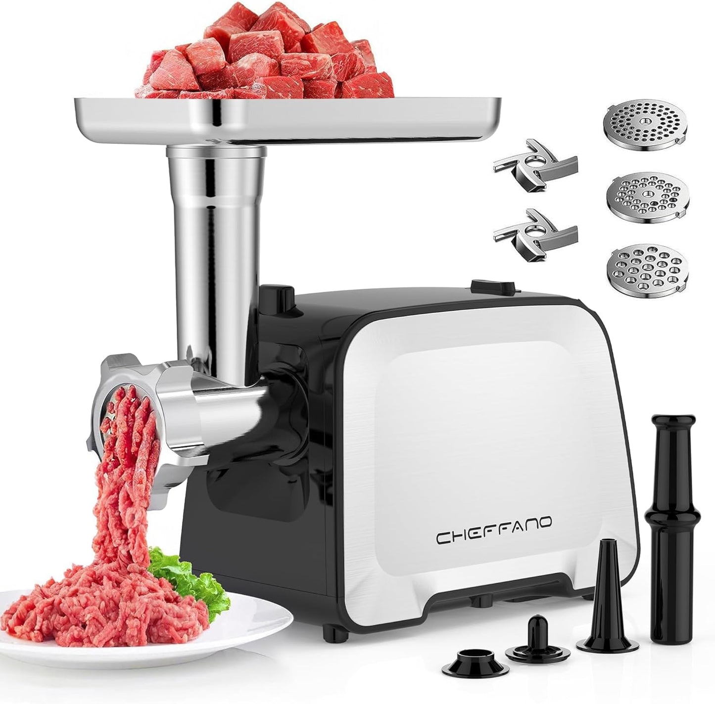 CHEFFANO Life Electric Meat Grinder, Stainless Steel Sausage Stuffer Maker With 2 Blades, 3 Plates, Sausage Tube & Kubbe Kit, [2000W Max] Heavy Duty for Home Use
