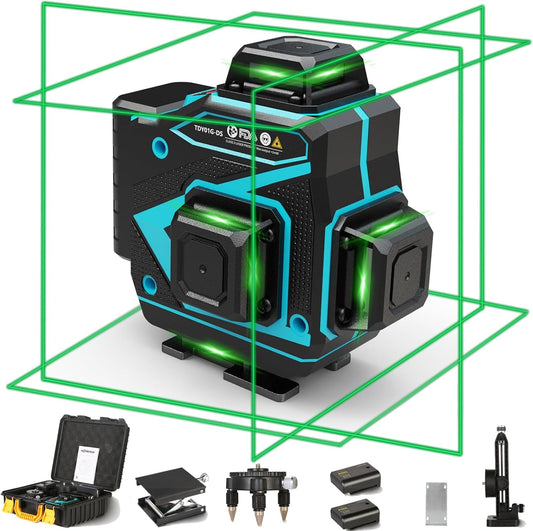 Floor Laser Level 360 Self-leveling - Tile 4 x 360 Green Beam Cross Line Laser Leveler Tool - 16 lines 4D Ceiling Nivel Laser for Construction with Hard-Sided Case and 2 Batteries
