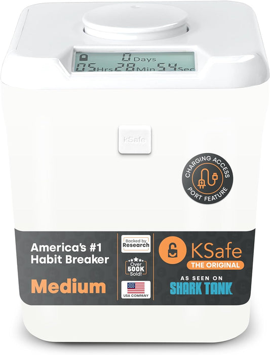 ﻿﻿﻿K-Safe Time Locking Container (Medium), Timed Lock Box for Cell Phones, Snacks, and Other Unwanted Temptations (White Lid + 5.5” White Base with Access Port)