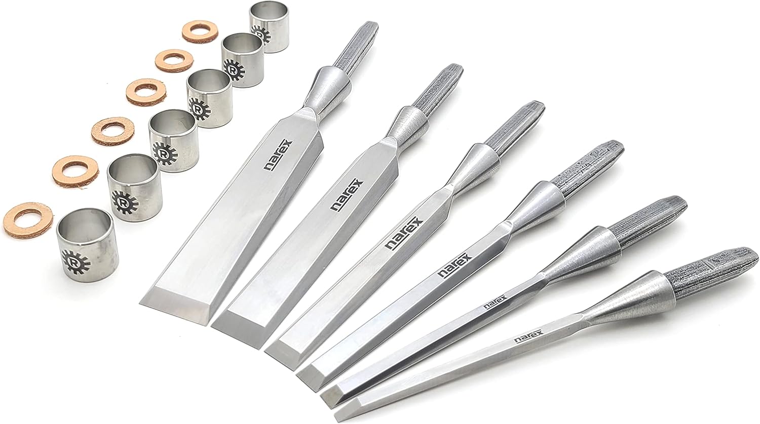 Narex 6 Piece Set Richter Extra Unhandled Bevel Edge Chisel Blanks, (1/8", 1/4", 3/8", 1/2", 3/4" & 1") Cryogenic Treated Cr-V Steel Hardened to HRc 62, Stainless Steel Ferrules