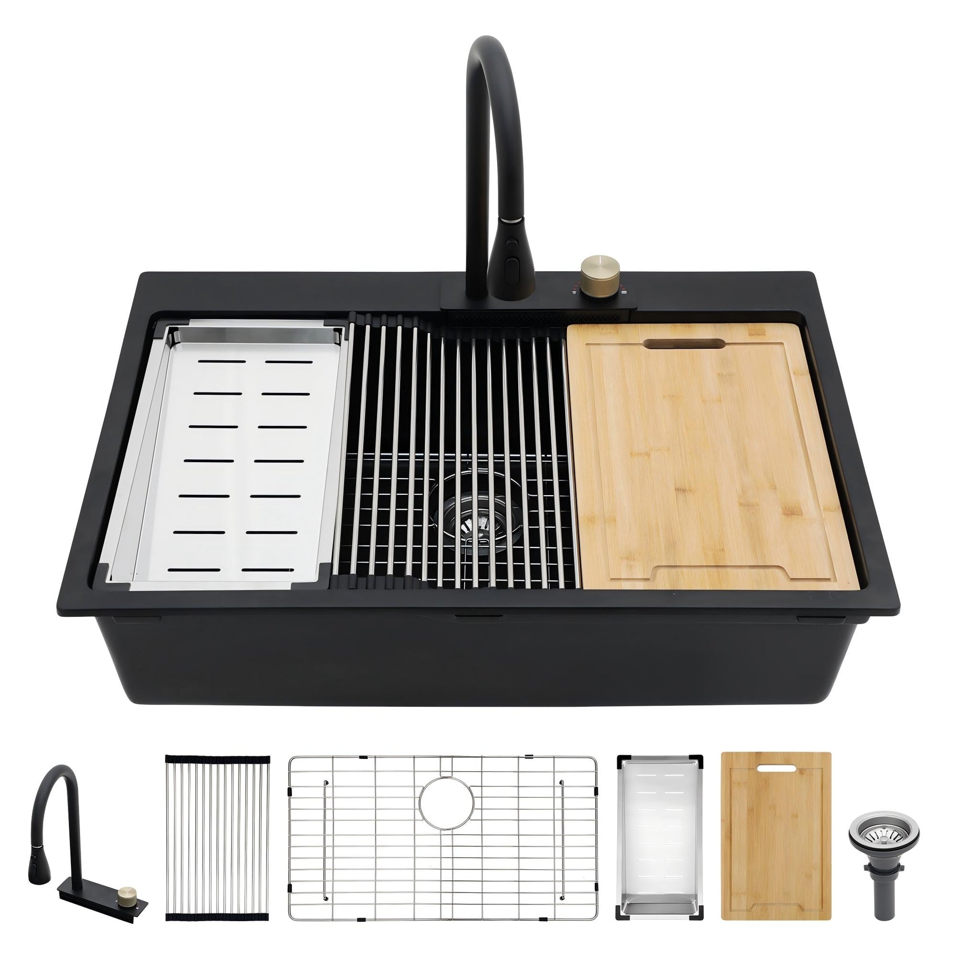 Lordear Drop-in 33-in x 22-in Quartz Single bowl Workstation Kitchen Sink All-in-One Kit