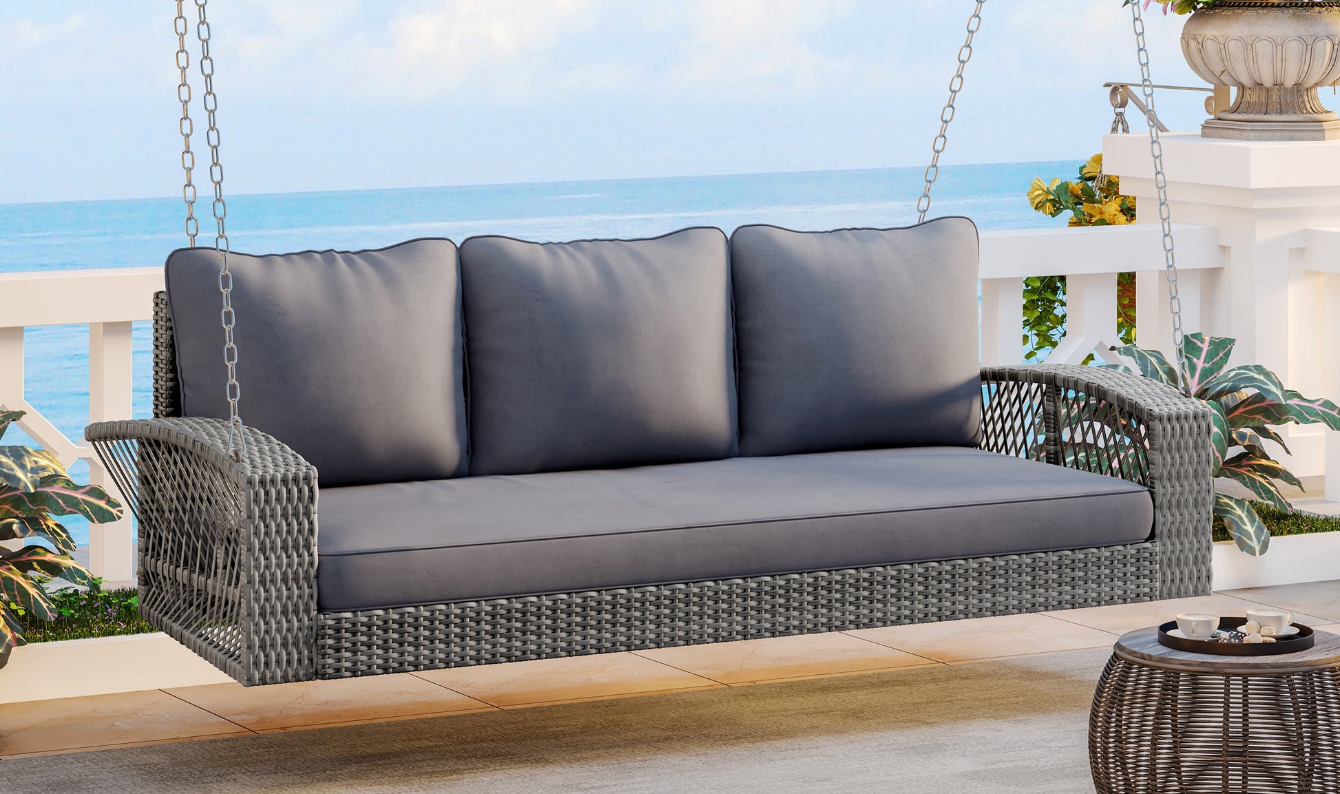 AAZJ Patio Chairs Rattan Gray Rattan Frame Stationary Conversation Chair with Cushioned Seat