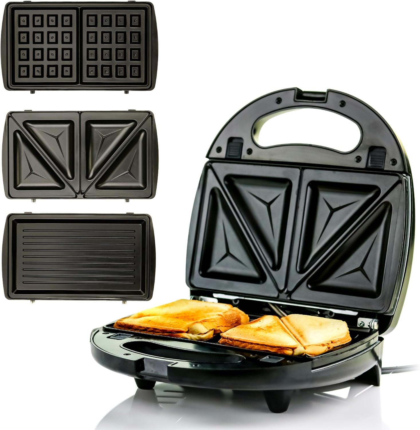 OVENTE 3 in 1 Electric Sandwich Maker, Panini Press Grill and Waffle Iron Set with Removable Non-Stick Plates, Perfect for Cooking Grilled Cheese, Tuna Melts, Burgers, Steaks and Snacks, Black GPI302B